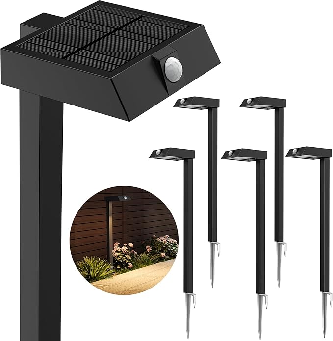 XMCOSY+ Solar Pathway Lights with Motion Sensor 6 Pack, 300LM Metal Solar Lights Outdoor Waterproof, 3 Modes Landscape Lighting for Garden, Backyard, Outside, Path (Warm/Cool White)