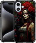 for iPhone 16 Case, Day of The Dead Halloween Woman Pattern Graphic Design Girl Boy Soft Silicone Hard Acrylic Shock Protection for iPhone 16