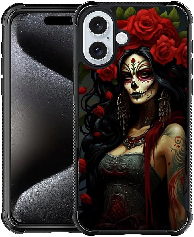for iPhone 16 Case, Day of The Dead Halloween Woman Pattern Graphic Design Girl Boy Soft Silicone Hard Acrylic Shock Protection for iPhone 16