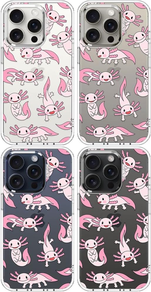 MOSNOVO Case for iPhone 15 Pro, [Buffertech 6.6ft Military-Grade Drop Protection] [Anti Peel Off Tech] Clear TPU Bumper Phone Case Cover Design - Pink Axolotl