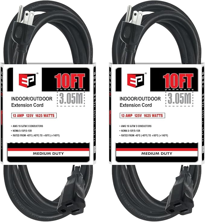 EP 2 Pack 10FT Black Outdoor Extension Cord, 16/3 SJTW Heavy Duty Waterproof, 3 Prong Grounded Plug, 13A 1625W 16AWG, Cold-Resistant Flexible Power Cable for Garden, Home, Christmas Lights