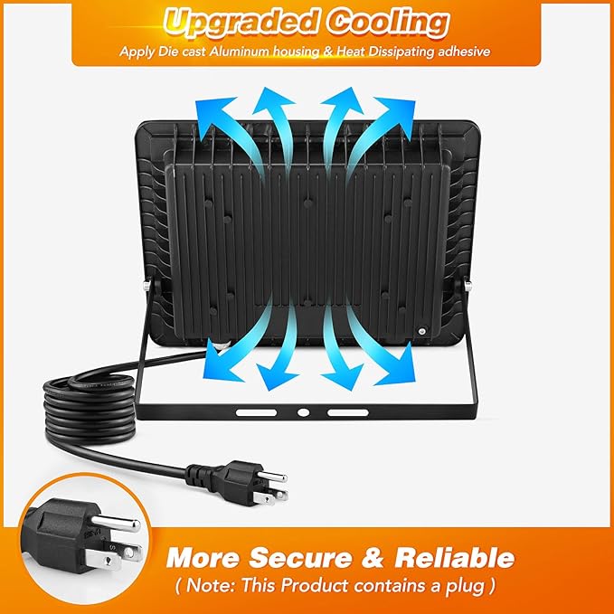 100W LED Flood Light Outdoor, 2Pack 10000LM Super Bright, IP66 Waterproof Outside Work Lights, 6500K Daylight White Security Lights, Plug in Flood Light for Yard Garage Garden Patio