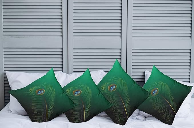 Ambesonne Peacock Decorative Throw Pillow Case Pack of 4, Peacock Feather Illustration in Simplistic Style Wild Nature Life Print, Cushion Cover for Couch Living Room Car, 18", Green Blue