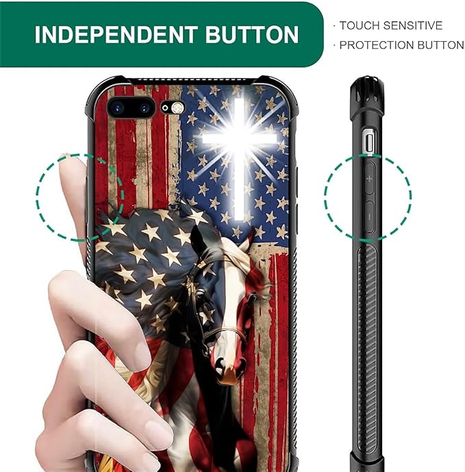 for iPhone 7/8 Case, Red American Flag Horse Cross Pattern Made of Soft Silicone Hard Acrylic Shock Protection for iPhone 7/8