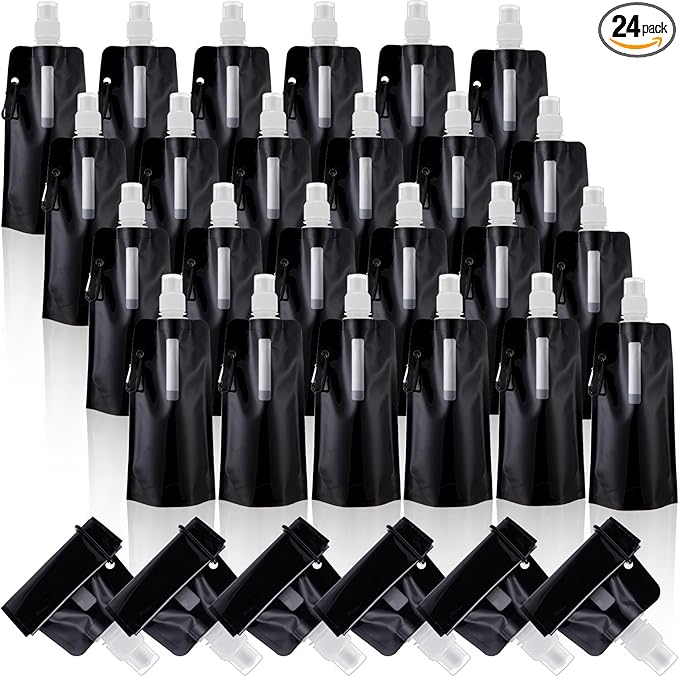 Teenyyou 24 Pack Collapsible Water Bottles Bulk 16oz Foldable Water Bottles with Carabiner Reusable Drinking Leak Proof Container Bags for Sport Biking Hiking Camping Travel Outdoor (Black)