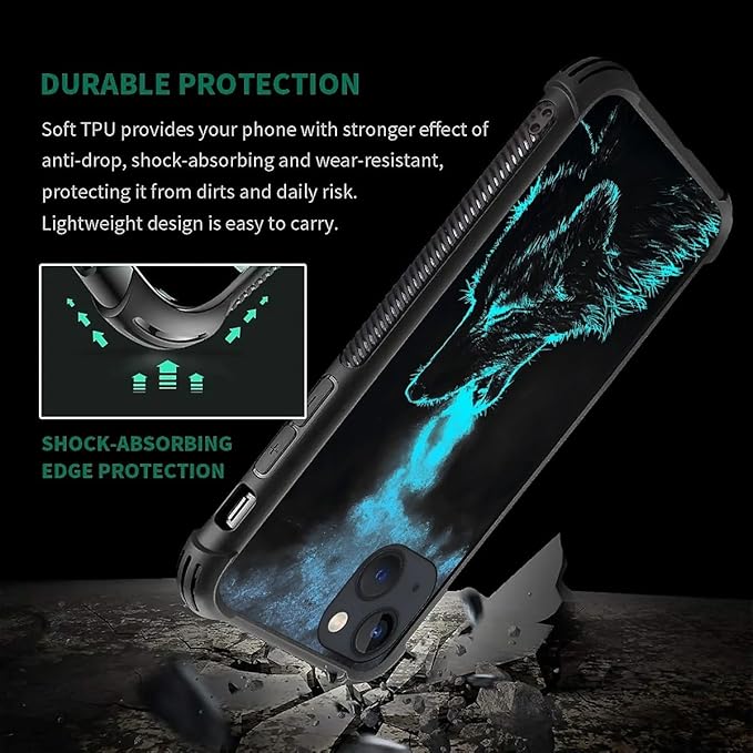 for iPhone 14 Case, Blue Breathing Wolf Pattern Graphic Design Girl Boy Soft Silicone Hard Acrylic Shock Protection for iPhone 14