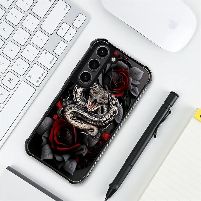 for Samsung Galaxy S23 Case, Entwined Rose Snake Pattern Graphic Design Girl Boy Soft Silicone Hard Acrylic Shock Protection for Samsung Galaxy S23
