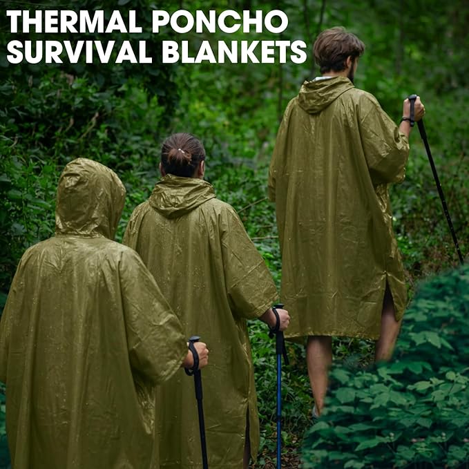 Tellegloww Emergency Ponchos with Polyester Film Blanket Liner Waterproof Windproof Thermal Survival Blanket Rain Ponchos