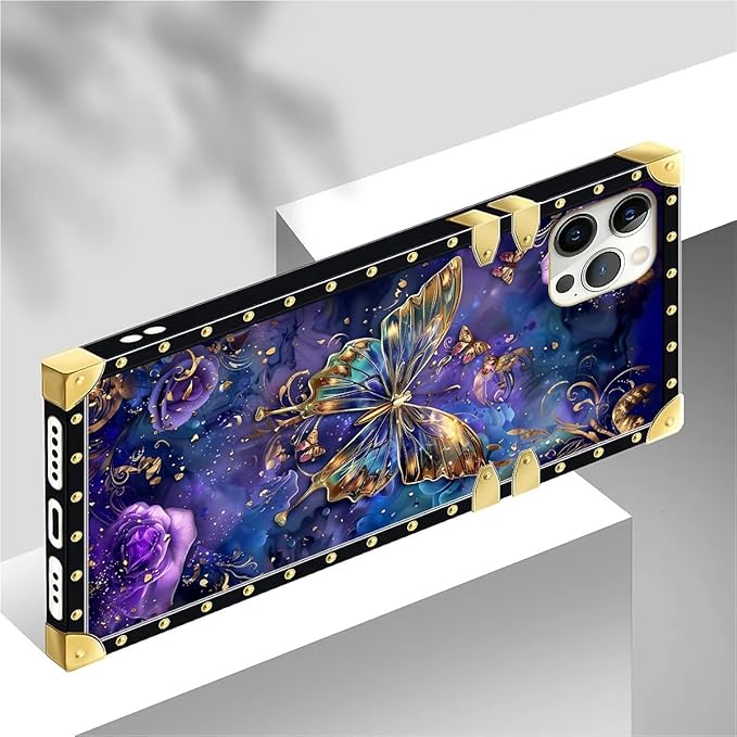 Compatible with iPhone 12 Pro Max Case, Glistening Golden Butterfly Vibrant Purple Blue Luxury Golden Decoration for Girl Women Soft TPU Shockproof Protective Hard PC Back