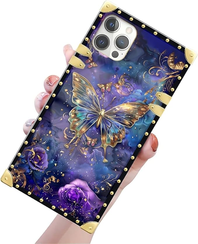 Compatible with iPhone 12 Case, Glistening Golden Butterfly Vibrant Purple Blue Luxury Golden Decoration for Girl Women Soft TPU Shockproof Protective Hard PC Back