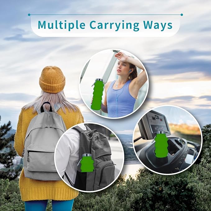 Collapsible Water Bottles 17oz, Odorless BPA-Free Silicone, Leak-Proof Foldable Reusable Bottle - Perfect for Travel Sports Gym Hiking Camping Cycling - Green