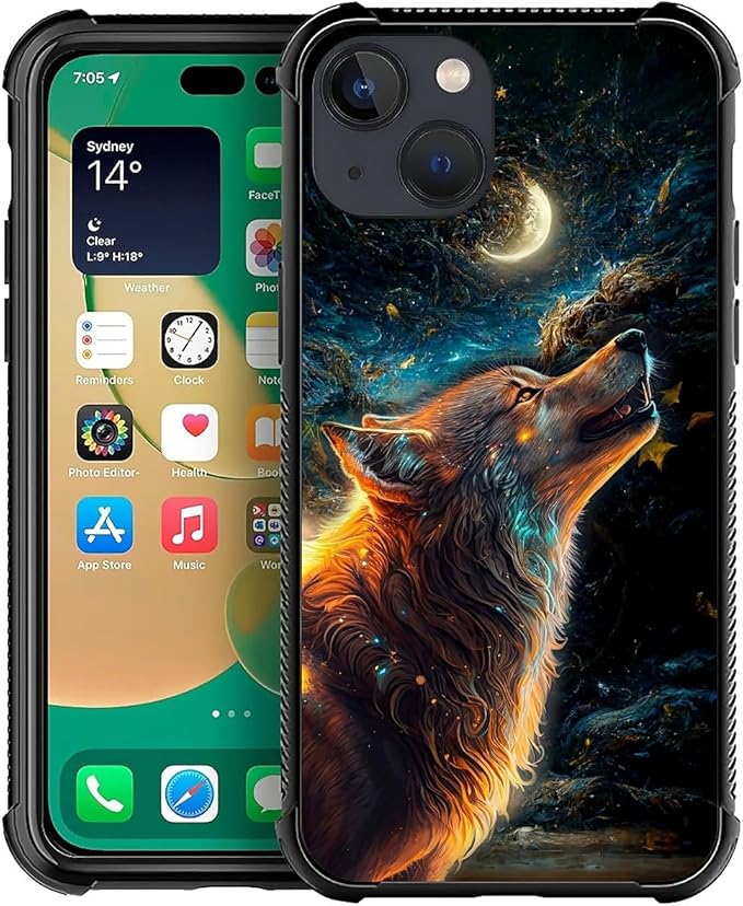 for iPhone 14 Plus Case, Star Cave Hungry Wolf Pattern Graphic Design Girl Boy Soft Silicone Hard Acrylic Shock Protection for iPhone 14 Plus