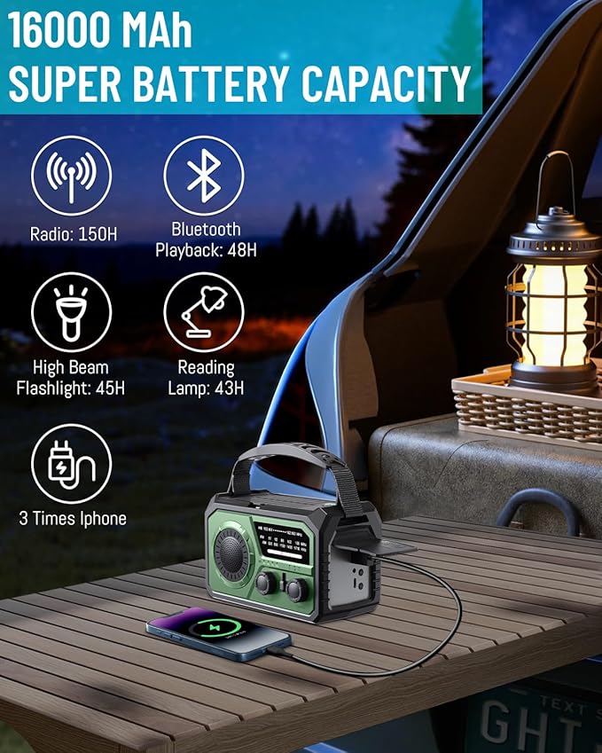 16000mAh Emergency Weather Radio, AM/FM/NOAA Weather Alert Radio Hand Crank/Solar/Type-C Fast Rechargeable Outdoor Radio with Reading Lamp/SOS Alarm/3 Mode Flashlight/Power Bank(Green)
