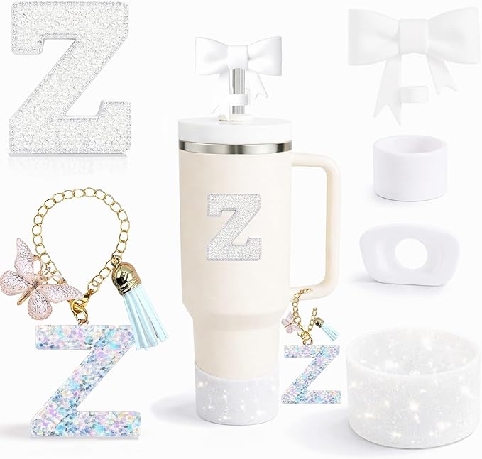 6PCS White Stanley Cup Accessories Set Fit for Stanley Cup 30oz 40oz. Including Handle Charm, Personalized Initial Sticker, Straw Topper, Sparkly Silicone Boot, Spill Proof Stopper (Letter-Z)