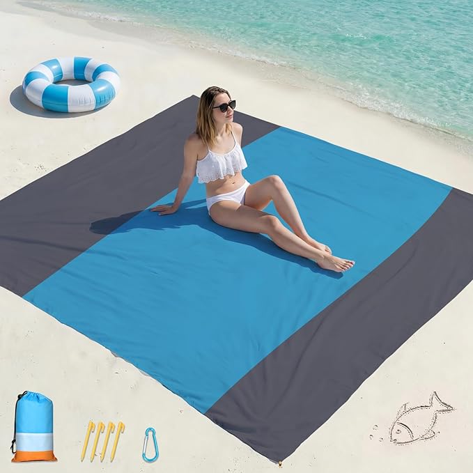Famstar Beach Blanket Oversized Extra Large 10'X 9',Waterproof Sandproof Beach Blanket 2-8 Adults Lightweight Durable for Travel Camping Hiking Picnic (10'X 9', Blue&Grey)