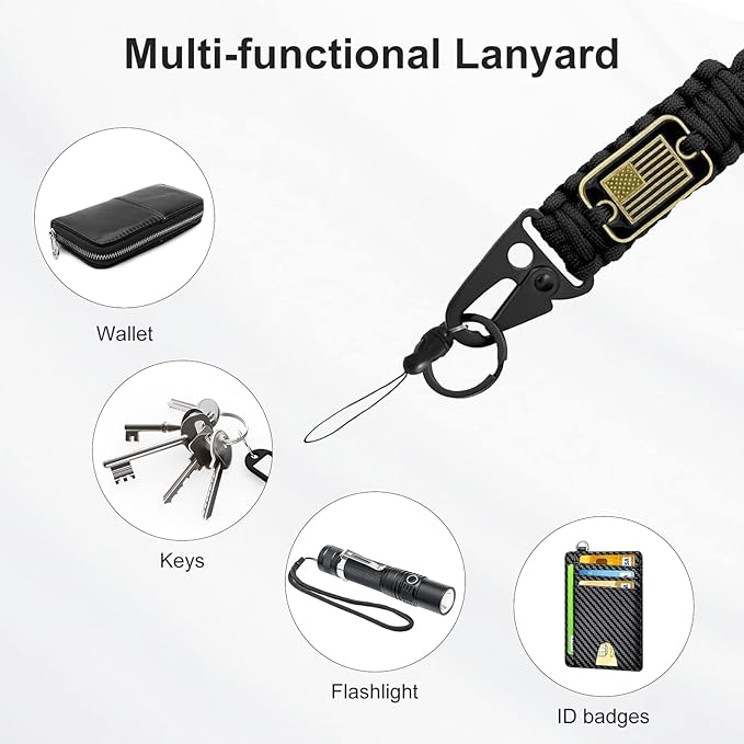 Paracord Key Lanyard for Men Black Neck Lanyard for Keys with Cool USA Flag, Long Heavy Duty Braided Keychain Lanyard for Wallets, Keys, Whistle，Camera, Phone, Outdoor Activities