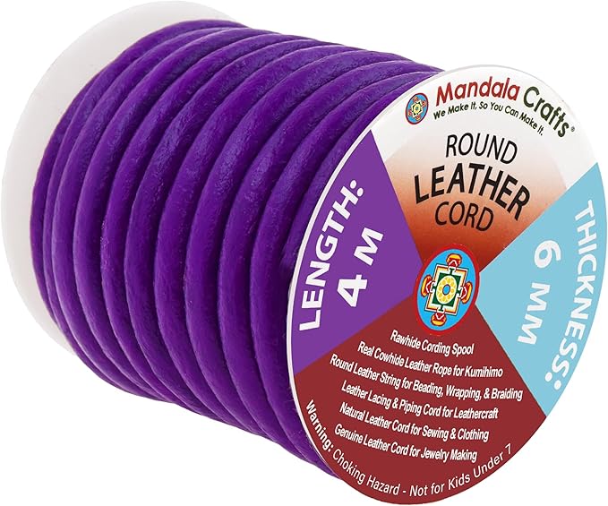 Mandala Crafts Round Genuine Purple Leather Cord for Jewelry Making – 6mm Cowhide Leather Rope String Lace for Kumihimo – 4.4 Yards Cowhide Craft Cording Spool