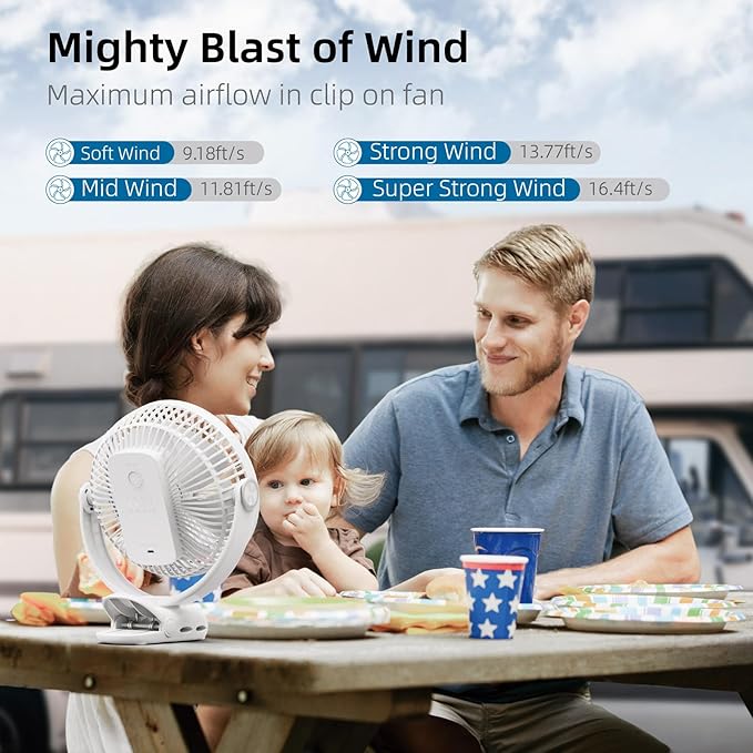 10000mAh 30hrs Rechargeable Clip on Fan, 8 Inch Battery Operated Fan Portable, 4 Speeds, Sturdy Clamp, Quiet USB Fans for Golf Cart Desk Treadmill Camping Truck Outdoor Travel Office, White