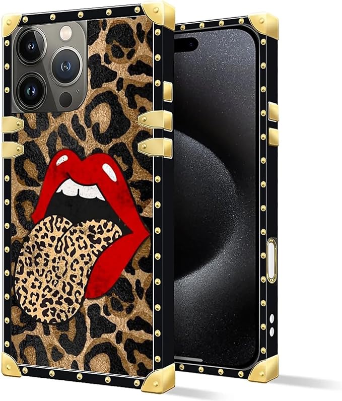 Compatible with iPhone 16 Pro Max Case, Brown Leopard Print Mouth Luxury Golden Decoration for Girl Women Soft TPU Shockproof Protective Hard PC Back for iPhone 16 Pro Max