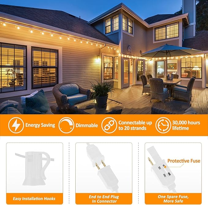 G40 LED Outdoor String Lights White 100FT Patio Lights with 52 Shatterproof Edison Bulb, White String Lights Waterproof Outside for Wedding,Proposal,Party,Anniversary
