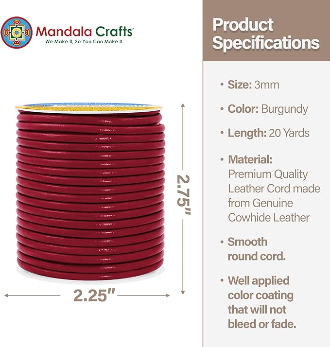 Mandala Crafts Round Genuine Burgundy Leather Cord for Jewelry Making – 3mm Cowhide Leather Rope String Lace for Kumihimo – 20 Yards Cowhide Craft Cording Spool