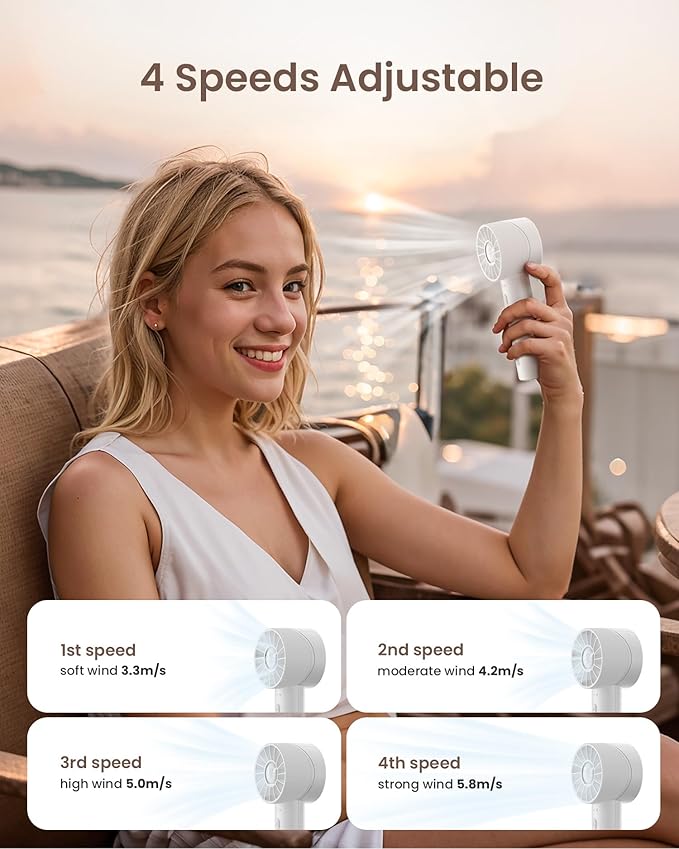 Portable Mini Handheld Turbo Fan, 4 Speed High Velocity Personal Cooling Device [Max 16H], Rechargeable Purse Travel Essential for Vacation/Beach/Trip - White