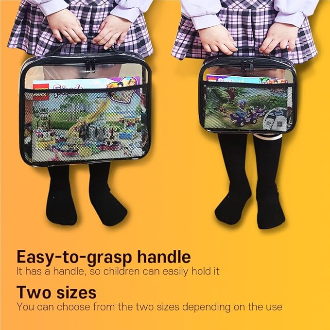 holay 4 Packs PVC Toy Storage Organizer with Zipper, Name Tag & Manual Pocket, Clear Durable Case for Blocks, Clay, Board Games, Travel (Black, Small)