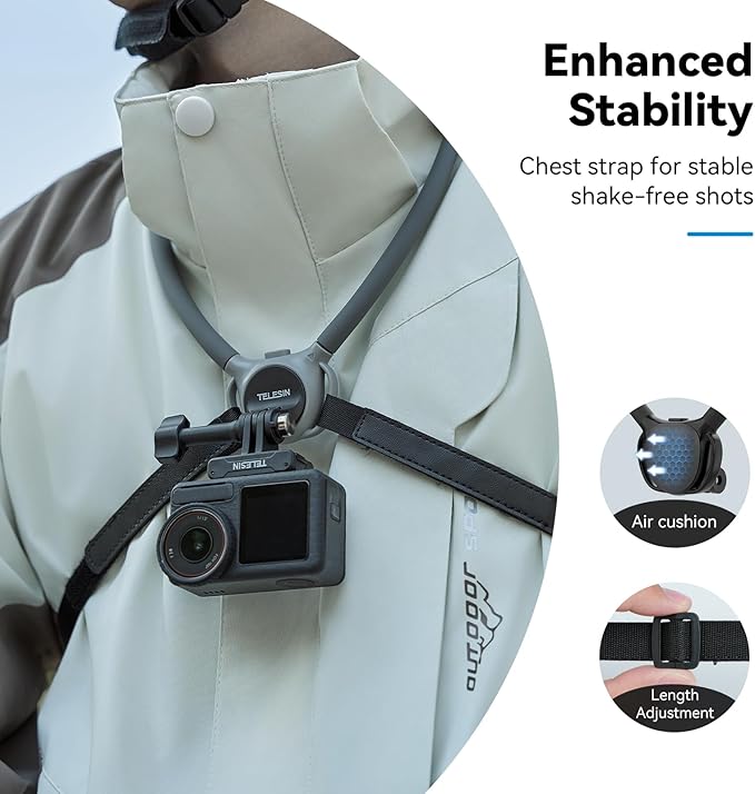 TELESIN Neck Mount SE 2.0 with Air Cushion, Adjustable Chest Strap and Neck Mount for Hands-Free POV Vlogging, for GoPro Hero 13/12/11/10/9, Insta X5/X4/X3/Ace Pro 2, Action 3/4/5 Pro 6, AKASO, etc.