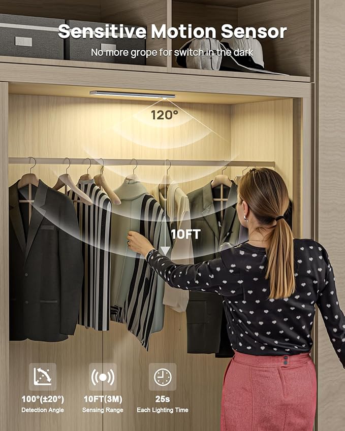 12inch Under Cabinet Lighting with Remote, 2500mAh Rechargeable Motion Sensor Light Indoor, LED Closet Lights with Timer, Dimmable, Magnetic, 3 Color Temps Wireless for Kitchen, Pantry, Stair, 6 Pack