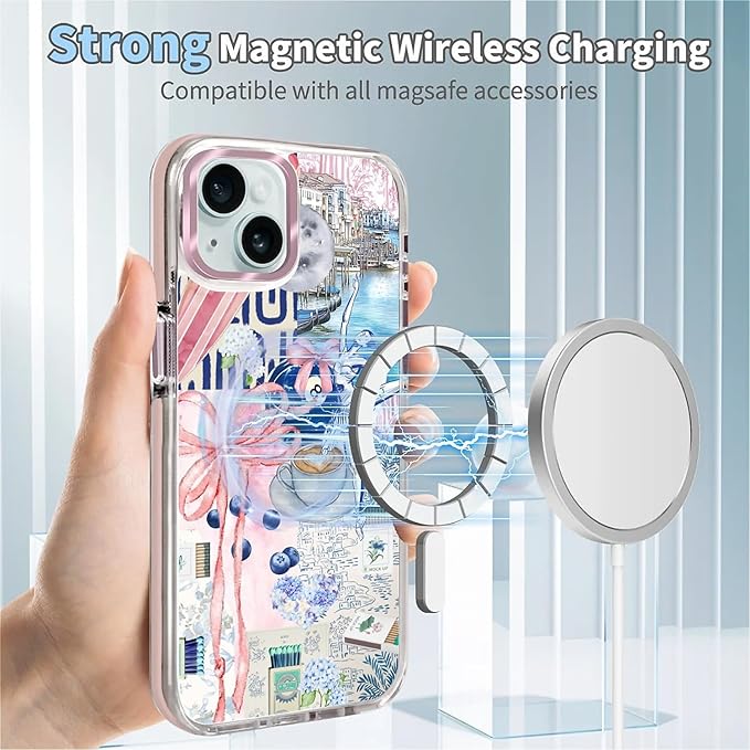 Case for iPhone 14 Plus/15 Plus,[Compatible with MagSafe],Pink Bow Girly Coquette Collage Phone Case Design，for Women Girls Magnetic Clear Cover - Slim, Sleek, & Shockproof Protection