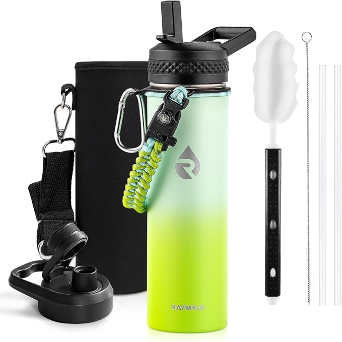 RAYMYLO Insulated Water Bottle 20 oz, Triple Wall Vacuum Stainless Steel (Cold for 24Hrs, Hot for 12Hrs), Leak Proof & Non-BPA, Kids Water Bottle Jug for School with Straw Spout Lids