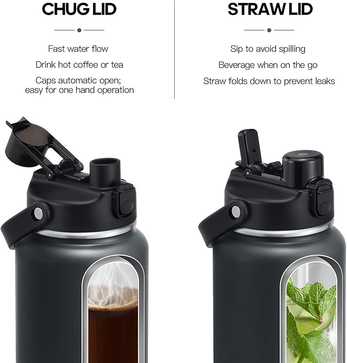 64oz Half Gallon Insulated Water Bottle with 2-in-1 Lid (Chug & Straw), Double Walled Vacuum Stainless Steel Water Bottles, Wide Mouth Leakproof Insulated Jug with Straw