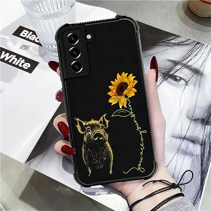 for Samsung Galaxy S21 Case, Pig Sunflower Yellow Sunshine Pattern Graphic Design Girl Boy Soft Silicone Hard Acrylic Shock Protection for Samsung Galaxy S21