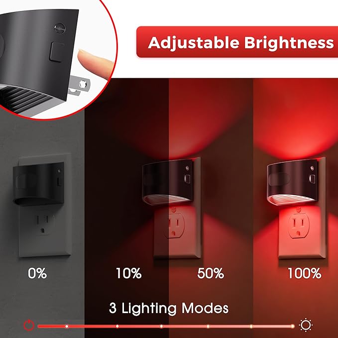 L LOHAS LED Night Light with Motion Sensor & Dusk to Dawn Sensor, Night Lights Plug into Wall with 30-100lm Adjustable Brightness, Dimmable Night Light for Bathroom Hallway, Red, 4 Pack