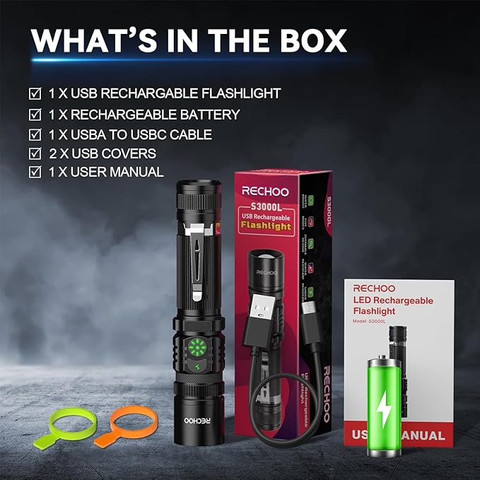 RECHOO Flashlight Rechargeable High Lumens, Dual Switch Rechargeable LED Flashlight 1 Pack, Adjustable Foucs 5 Lighting Modes Flashlights for Home, Camping, Gifts for Men