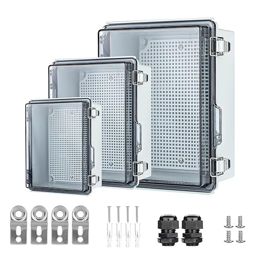 Waterproof Electrical Junction Box，IP67 Waterproof Clear ABS Plastic Enclosure Boxes for Outdoor Network Enclosure with Hinged Cover, Mounting Plate, Wall Brackets, Cable Glands (11.4"x7.5"x5.5")