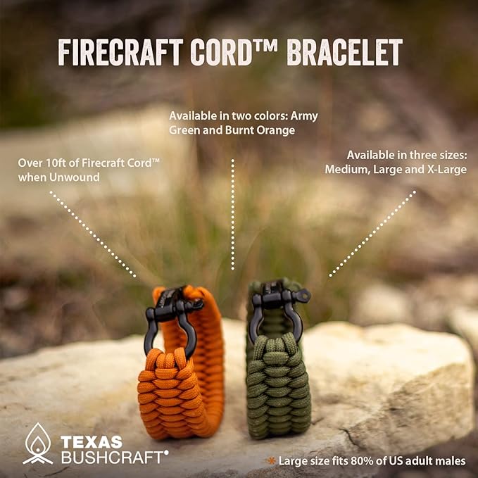 Texas Bushcraft Firecraft Cord Survival Bracelet – Paracord Bracelet with Bow Shackle for Camping and Emergency – 3 Extra Strands Include Wax Thread, Tinder, and Fishing Line