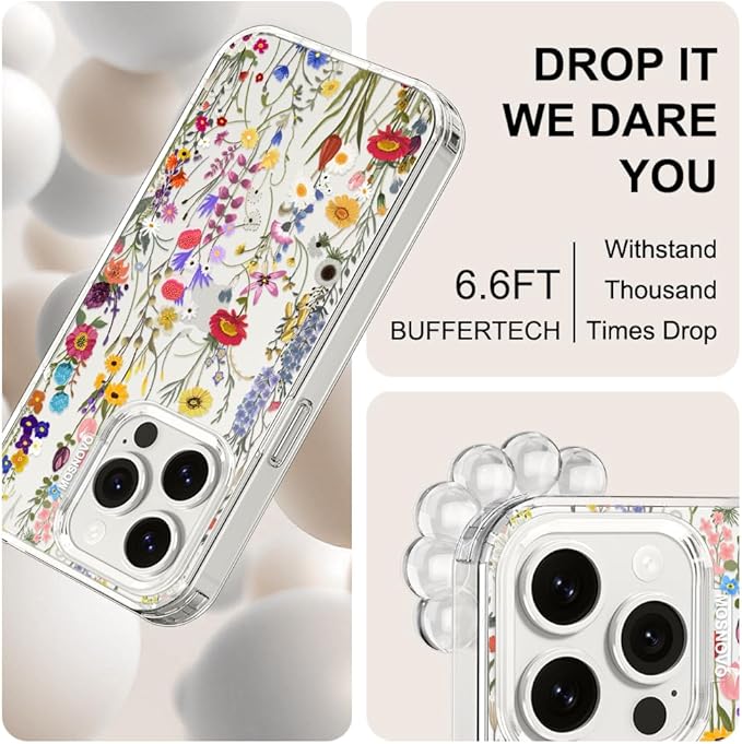 MOSNOVO Case for iPhone 15 Pro, [Buffertech 6.6ft Military-Grade Drop Protection] [Anti Peel Off Tech] Clear TPU Bumper Phone Case Cover Design - Wildflower Meadow