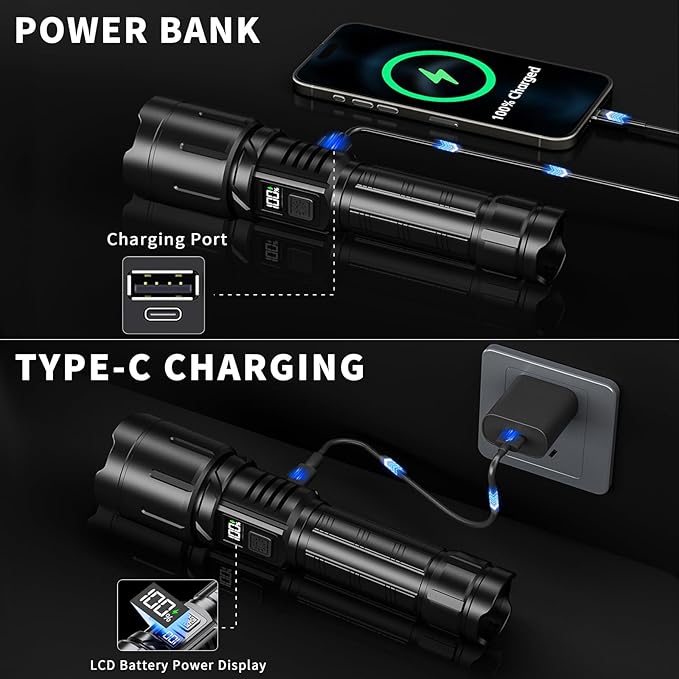 Rechargeable Flashlight 99000 High Lumens, LED Super Bright Flash Light, Tactical Flashlights with LCD Power Display, 6 Modes, Waterproof, Brightest Flashlight for Emergencies Camping