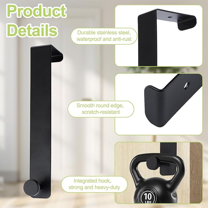 T-Shaped Over the Door Hooks, 2Pcs Rustproof Stainless Steel Door Hooks Over Door Coat Hangers for Home, Office (Black)