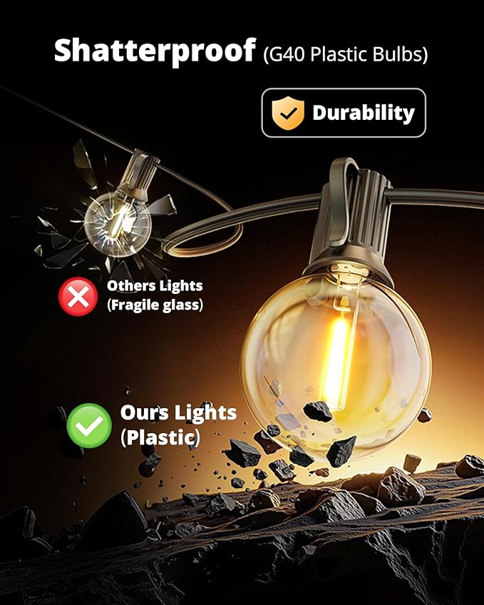VIPAR Outdoor String Lights, 60FT 32 G40 Bulbs Patio Lights Outdoor Waterproof, Shatterproof Vintage Connectable LED Outside Hanging Light for Backyard, Porch, Garden, Deck, Bistro, 2700K Dimmable