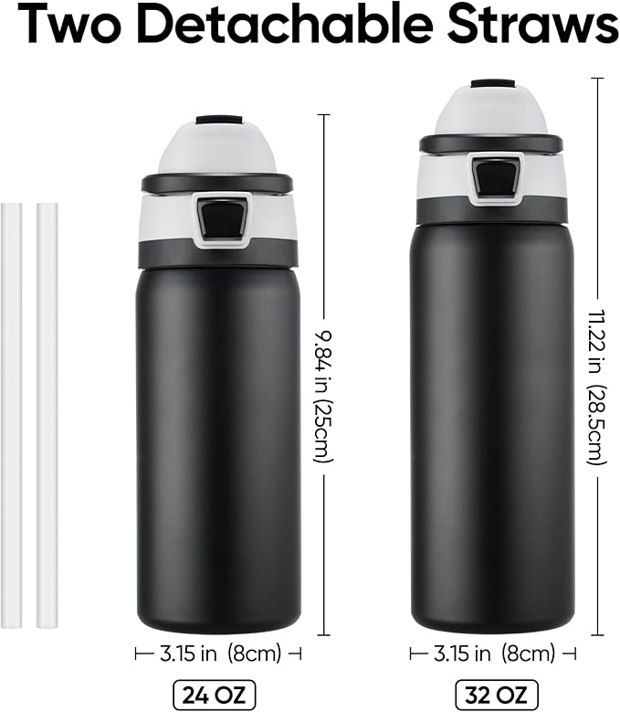 Fijinhom 24 oz Insulated Water Bottle with 2-in-1 Straw and Spout Lid, Stainless Steel Double Wall Vacuum Flask, Sports Water Bottle Keeps Cold 24H, Leak Proof for Gym, Outdoor, Travel (Black)