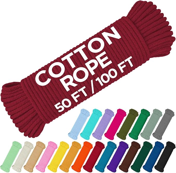 TECEUM Cotton Rope 3/16” (5 mm) – 50 FT – Strong All-Purpose Braided Rope – Natural Cotton – for Crafting, Сamping, Clothes Line, DIY, Indoor & Outdoor Use – Crimson