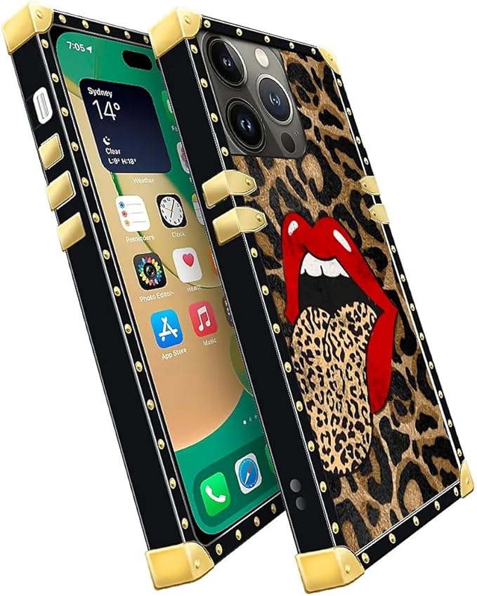 Compatible with iPhone 14 Pro Max Case, Brown Leopard Print Mouth Luxury Golden Decoration for Girl Women Soft TPU Shockproof Protective Hard PC Back for iPhone 14 Pro Max