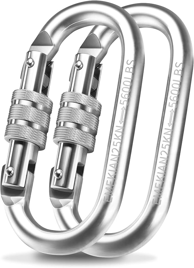 Oval Indoor Outdoor Climbing Carabiner, 25 KN (5600 LBS) Screw Locking Heavy Duty Safety Caribeener Clips for Hammock, Rope, Hiking, Camping