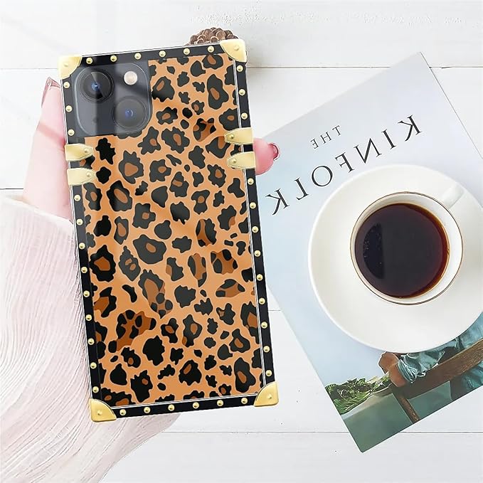 Compatible with iPhone 13 Case, Brown Leopard Texture Luxury Golden Decoration for Girl Women Soft TPU Shockproof Protective Hard PC Back for iPhone 13