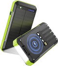 Solar Power Bank 33800mAh with Super Bright LED Flashlight, Built-in 4 Cables & Wireless Charging, Portable Charger with Compass, 7 Outputs & 4 Inputs for Camping/Hiking(Green)