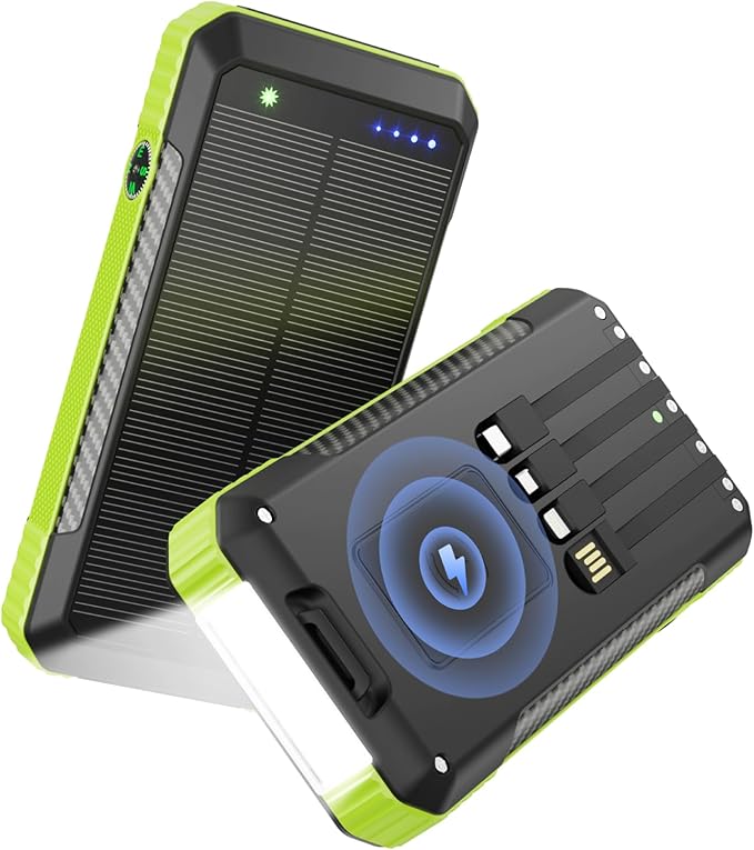 Solar Power Bank 33800mAh with Super Bright LED Flashlight, Built-in 4 Cables & Wireless Charging, Portable Charger with Compass, 7 Outputs & 4 Inputs for Camping/Hiking(Green)