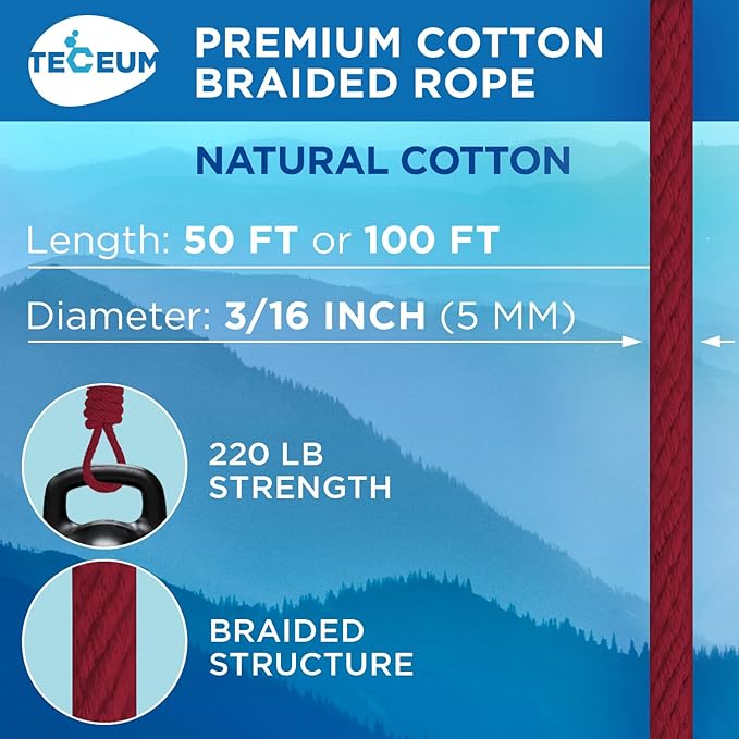 TECEUM Cotton Rope 3/16” (5 mm) – 50 FT – Strong All-Purpose Braided Rope – Natural Cotton – for Crafting, Сamping, Clothes Line, DIY, Indoor & Outdoor Use – Crimson