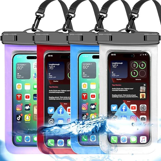 4 Pack Multicolor Universal Waterproof Phone Pouch, Large Phone Waterproof Case Dry Bag,Protection Level: IP68,Outdoor Sports for Apple iPhone,Samsung,and More,(Fits Up to 8.3”),White,Blue,Red,Purple